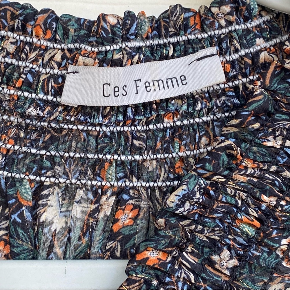 Ces Femme Floral Sheer Smocked Neck Oversized Top Small - Picture 11 of 11